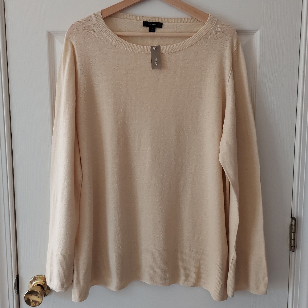 NWT J Crew Sheer Pale Sand Relaxed Fit Linen Crewneck Sweater Size Medium